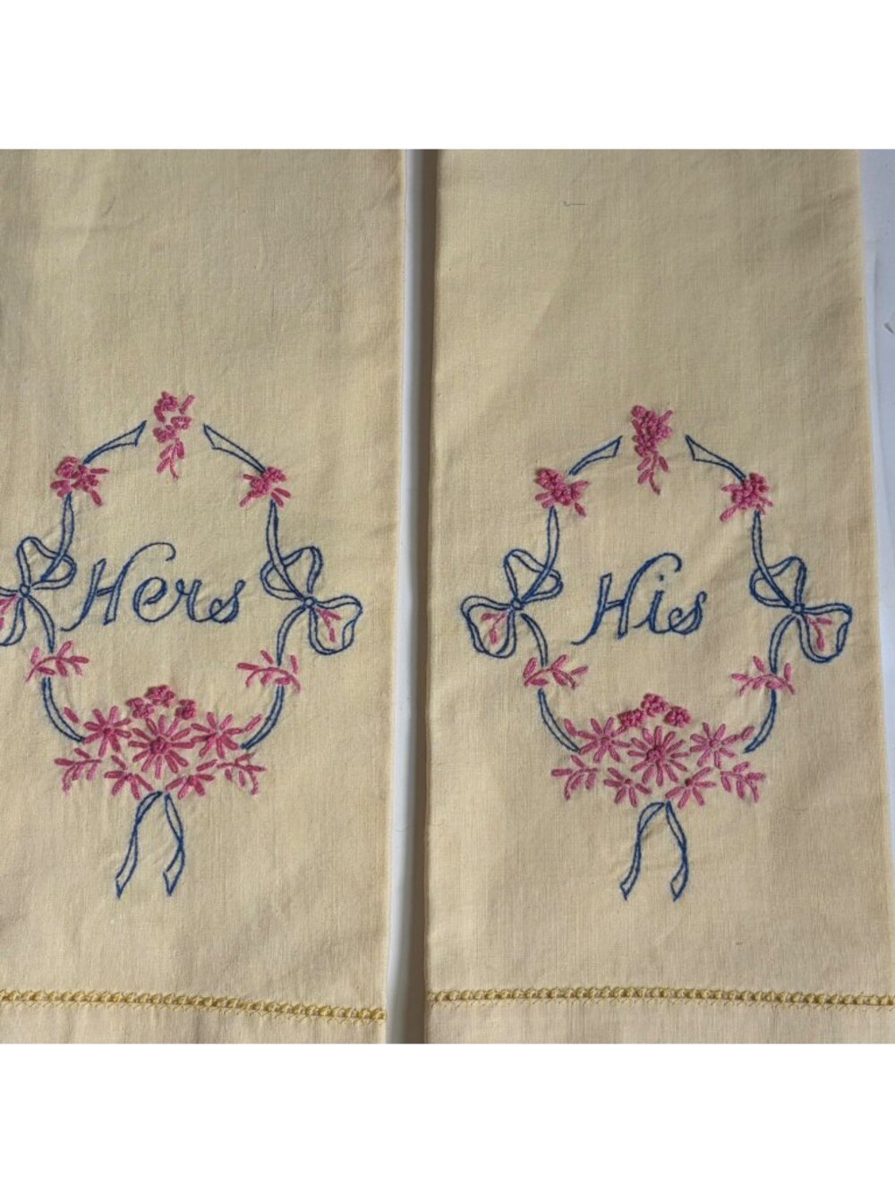 Vintage His Hers Embroidered Yellow Guest Towels Pink Blue Floral Design Pair